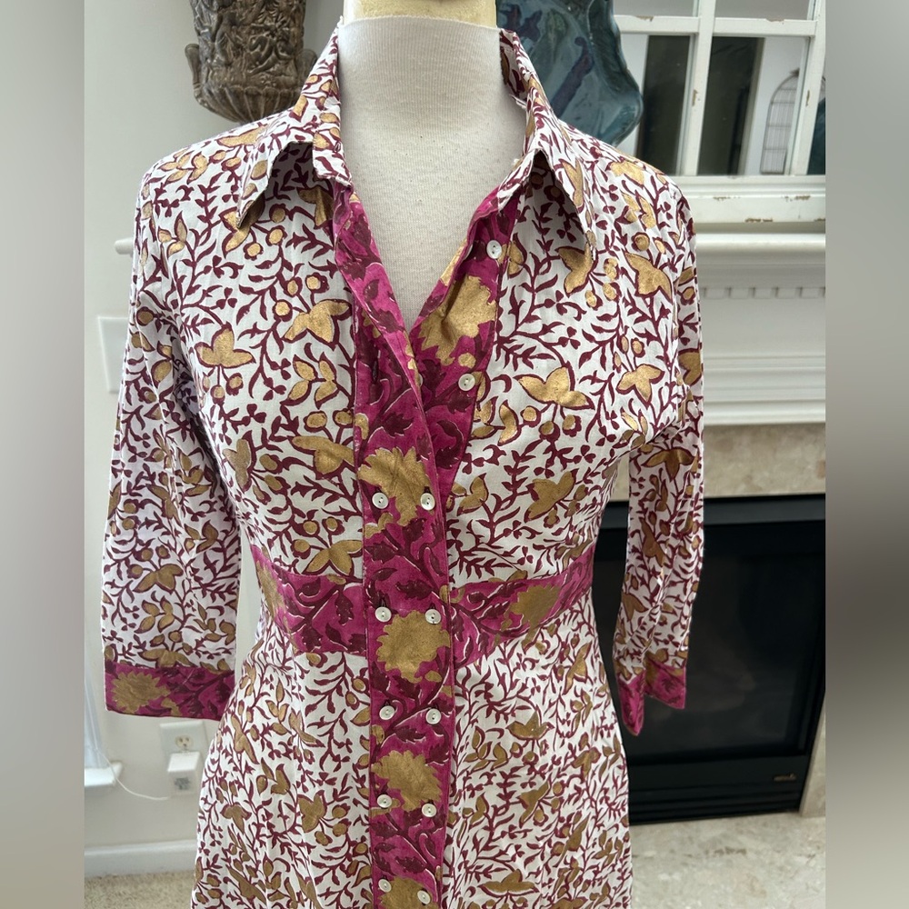 Oliphant Maxi In Marchesa Wine, Gold Foil Cotton Shirt Dress - Picture 4 of 14